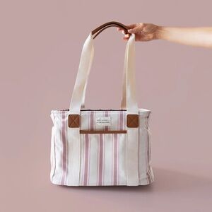 Jilly Box Fall 25 Poppy & Peonies Striped Pink & White Canvas Tote Bag -NEW